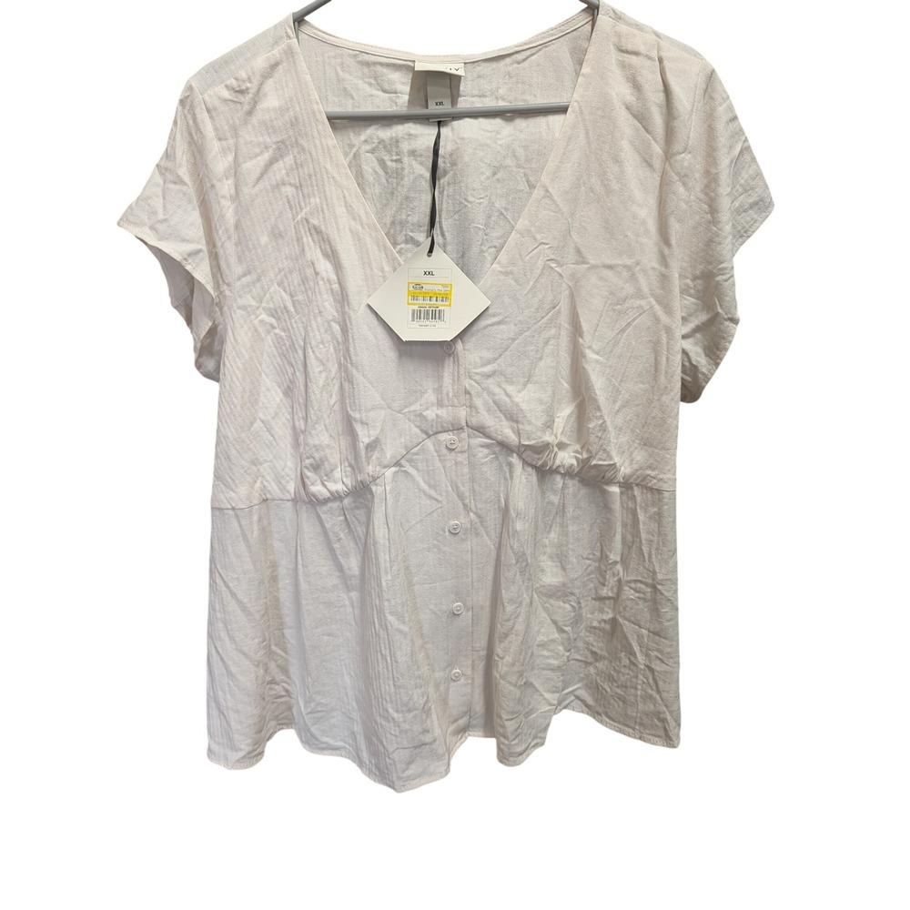 A New Day Blouse Womens XXL Cream NWT Linen Blend Button Front Empire Waist